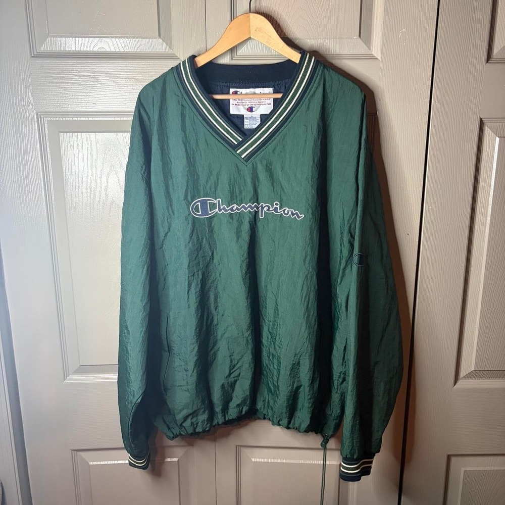 Vintage Champion Green V Neck Windbreaker Pullover Sweatshirt Mens XL Y2K Preppy